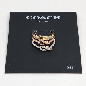 COACH Signature Pave Stackable 3 Ring Set Gold, Rose Gold, Silver - Size 7 NEW